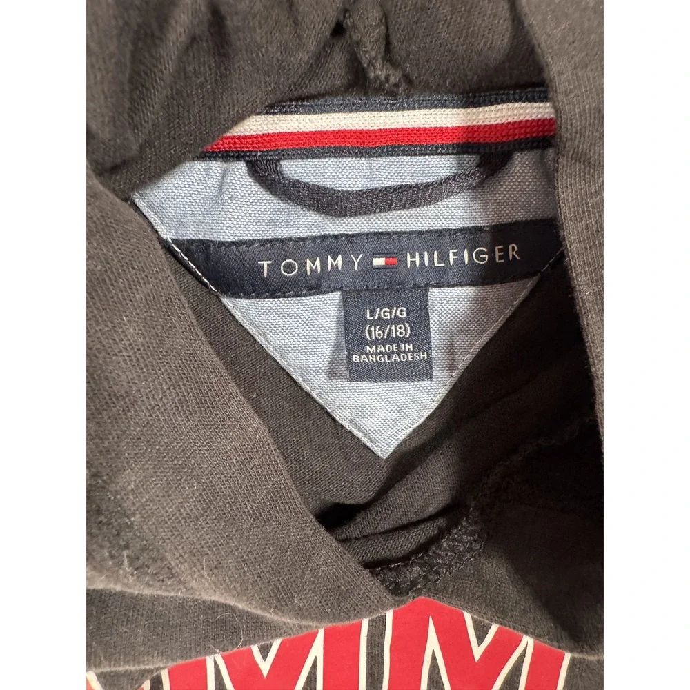 Tommy Hilfiger Logo Stripe Hoodie Large 16/18 Black Cotton Blend Pullover